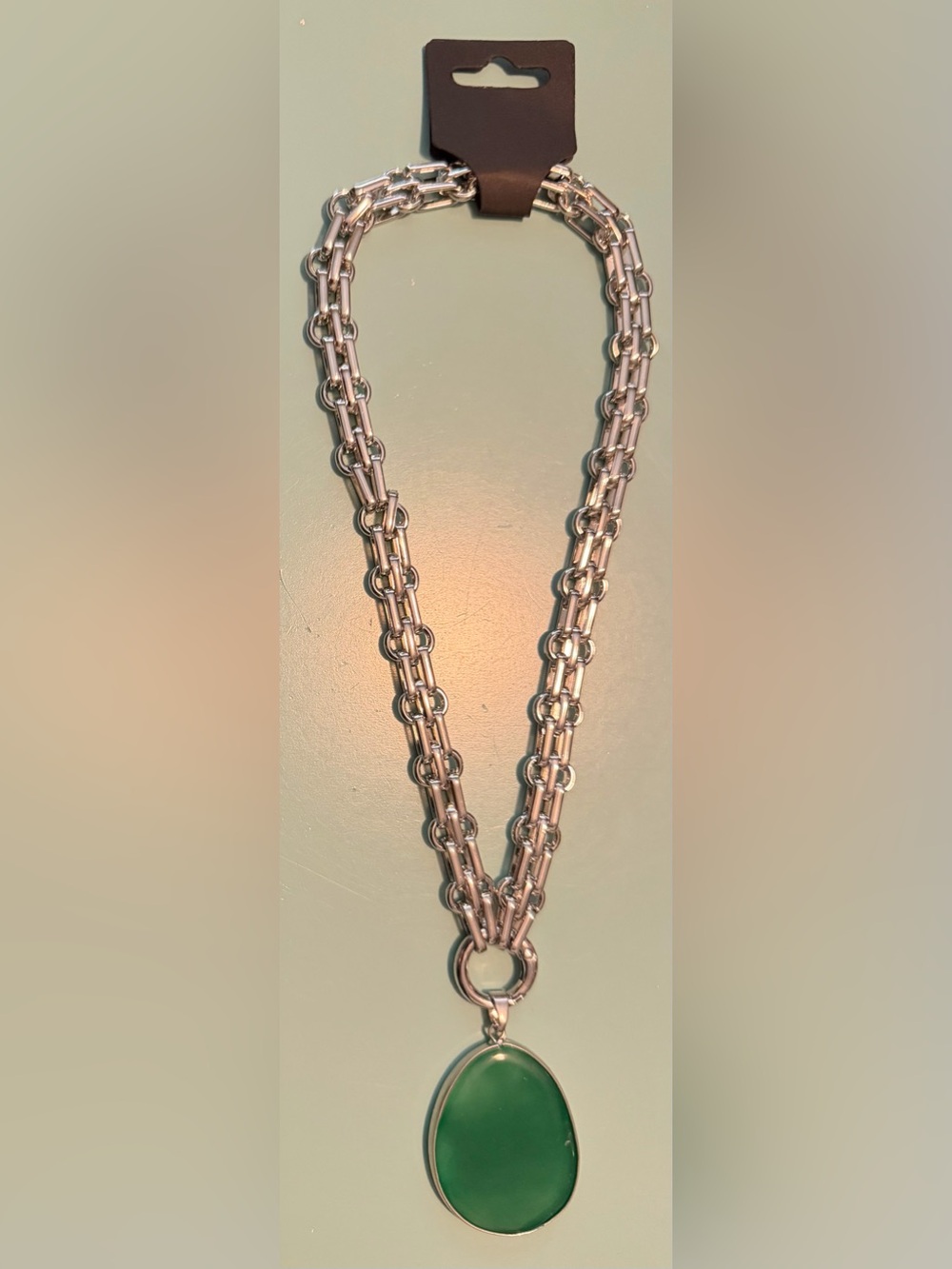Silver-Tone Double Link Necklace with Real Green  Agate Stone Pendant